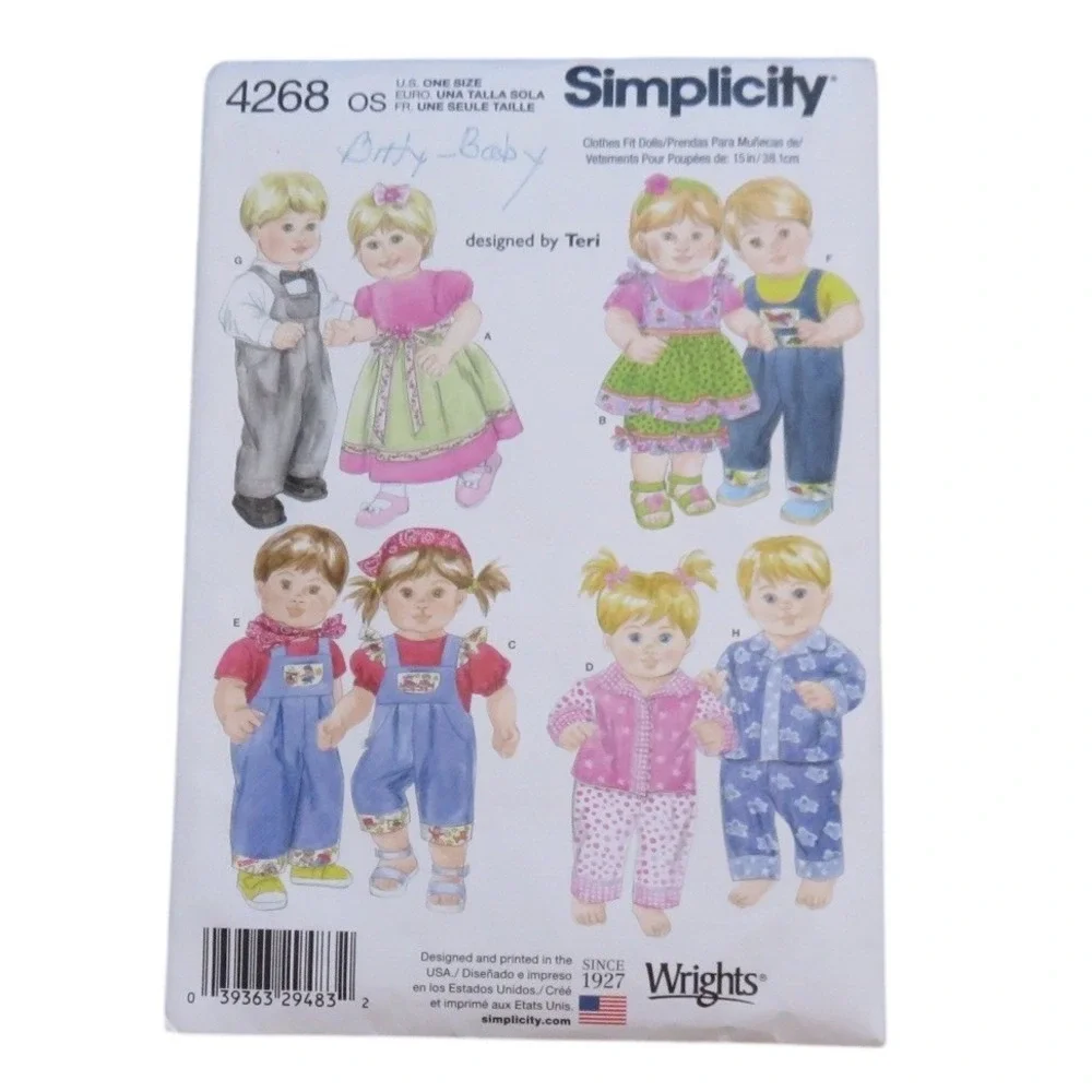 Simplicity 4268 15 Inch Baby Doll Clothes Sewing Pattern Dress Overalls Pajamas
